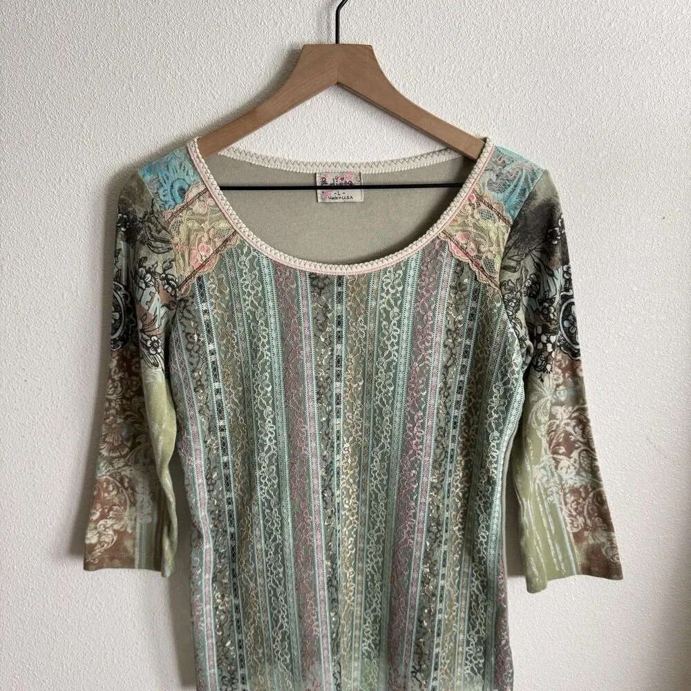 Vtg 90s‎ Lace Top Womens Large Pastel Pink Blue Phoebe Friends Festival Boho USA - Picture 2 of 16